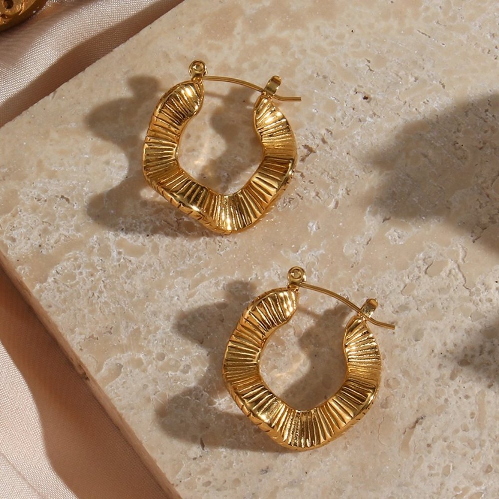 Organic Textured Wave Shape Hoop Earrings 18K Gold PVD Plated Stainless Steel - Picture 8 of 13